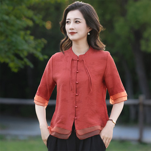 Qianbai Yilian Mother's Clothing Summer New Fashionable Versatile Shirt Middle-Aged and Elderly Women's Chinese Style Large Size Thin Tops for Women