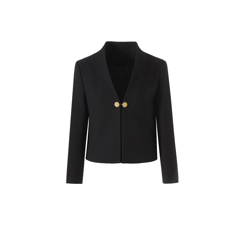 [in Stock for Quick Dispatch] Black Short Blazer for Women, New Spring and Autumn Style, Gold Button V-Neck Slim Fit Elegant Chanel-Style Jacket