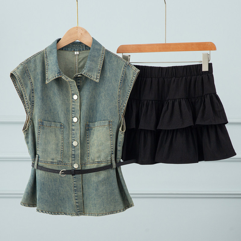 Denim Sleeveless Vest Shirt, Cake-Style Puffy Short Skirt, Women's 2026 Summer New Style, Stunning Mini Dress Set Denim Sleeveless Vest Shirt, Cake-Style Puffy Short Skirt, Women's 2026 Summer New Style, Stunning Mini Dress Set