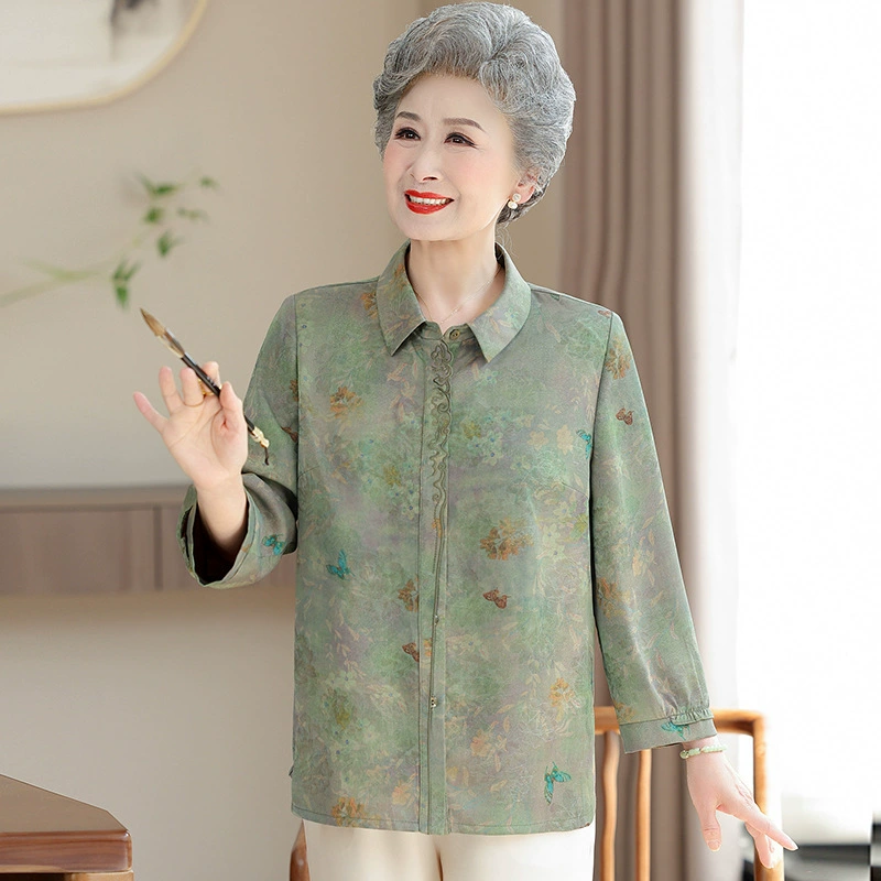Мама летняя шелковая рубашка 2025 новый средний и пожилой женский принт лацканная рубашка 50 лет 60 плюс размер женский топ