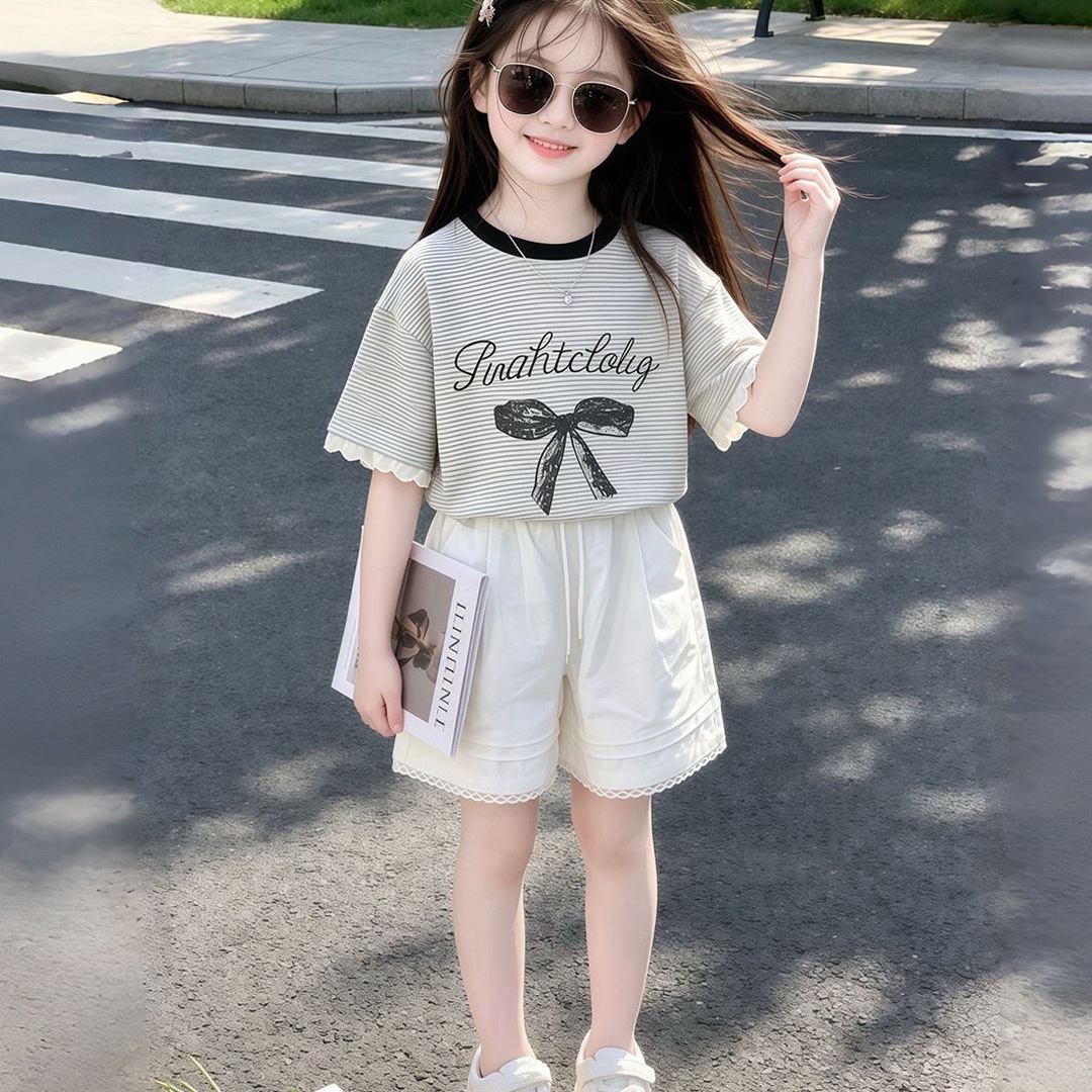 女童条纹蝴蝶结印花套装2026夏季新款洋气中大童韩系短袖短裤套装
