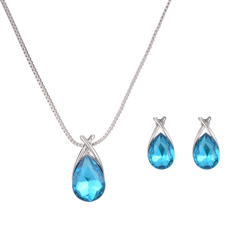 Transfronteriza europea y americana de las mujeres impresas rhinestone azul collar pendientes de dos piezas pendientes de novia de la boda collar traje