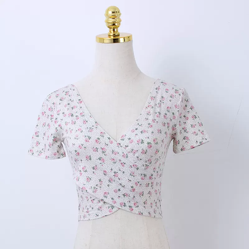 春夏美式复古bm风碎花交叉v领紧身显瘦短款露脐T恤女上衣