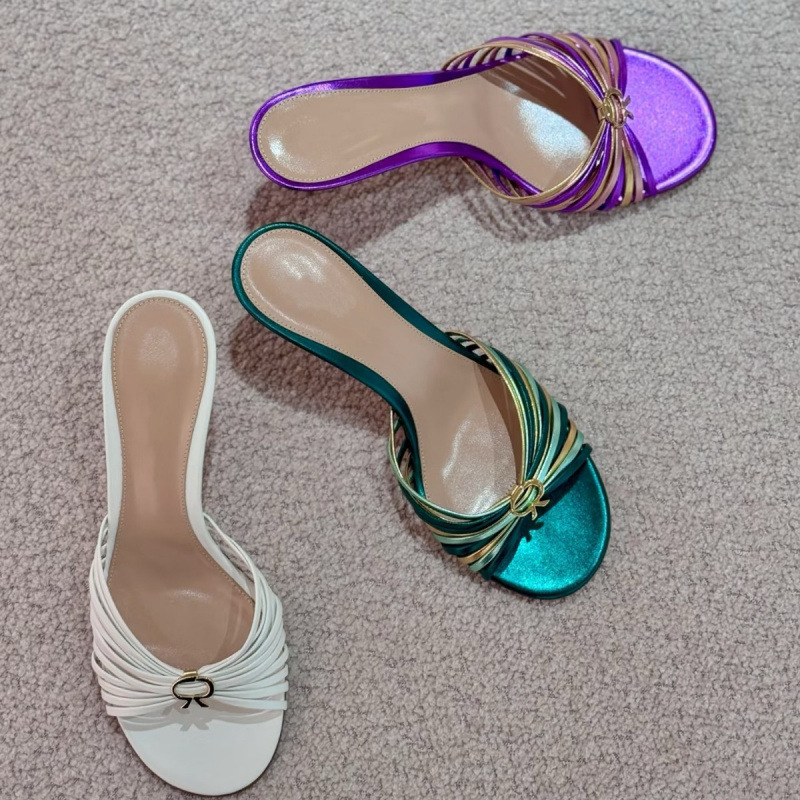 High-End Spring and Summer New Multi-Strap Genuine Leather Woven Sandals Round Toe Color Matching Fashion Sandals Everyday Versatile High-Heeled Women's Shoes