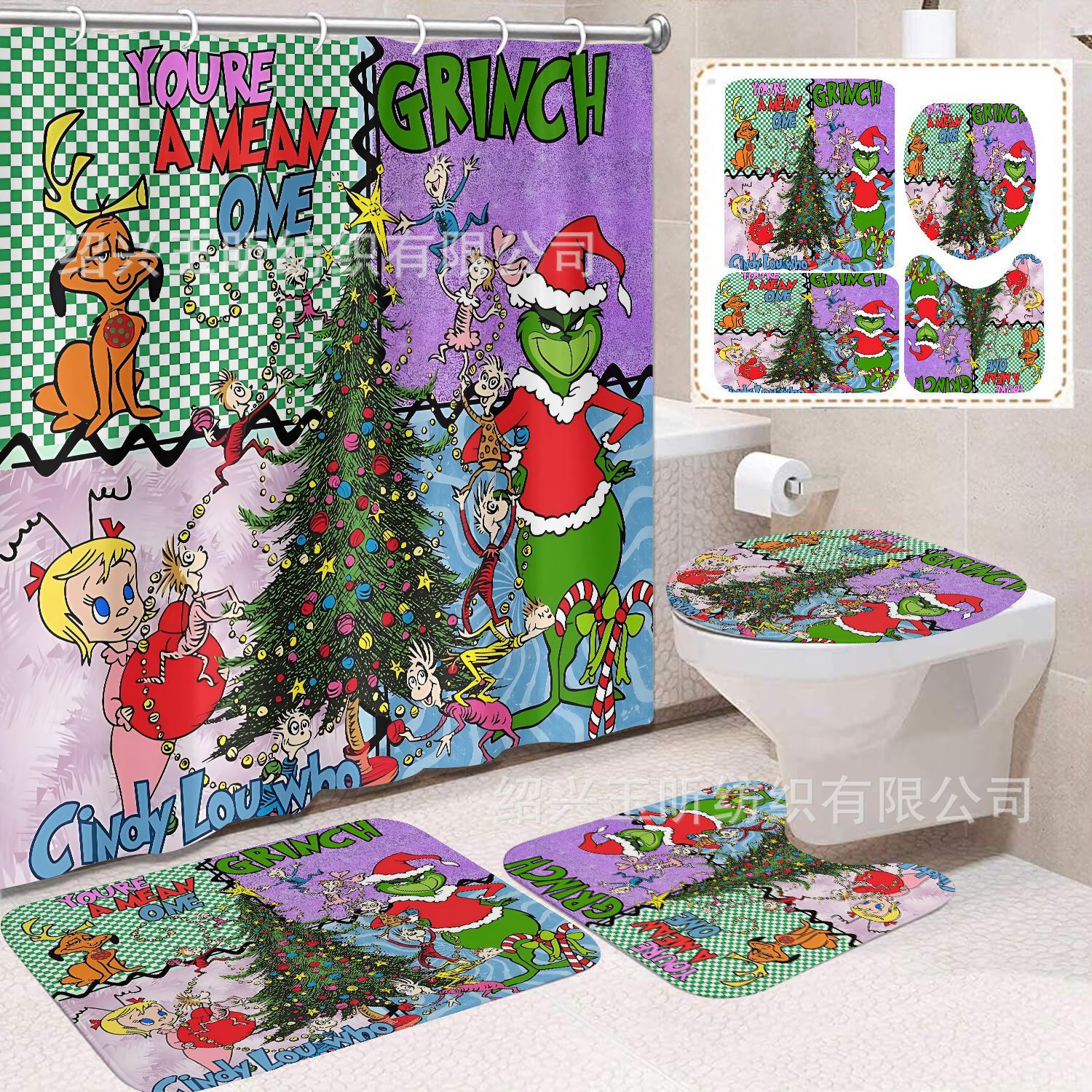 Tela de cortina de ducha transfronteriza, cortina de ducha impermeable, alfombra antideslizante de baño, juego de Grinch 4 de pelo verde al por mayor, sin perforación