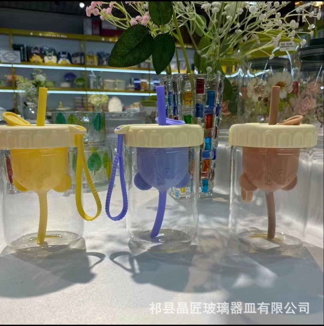 小熊茶漏玻璃杯2023新款杯子ins高颜值吸管杯喝水杯耐高温咖啡杯
