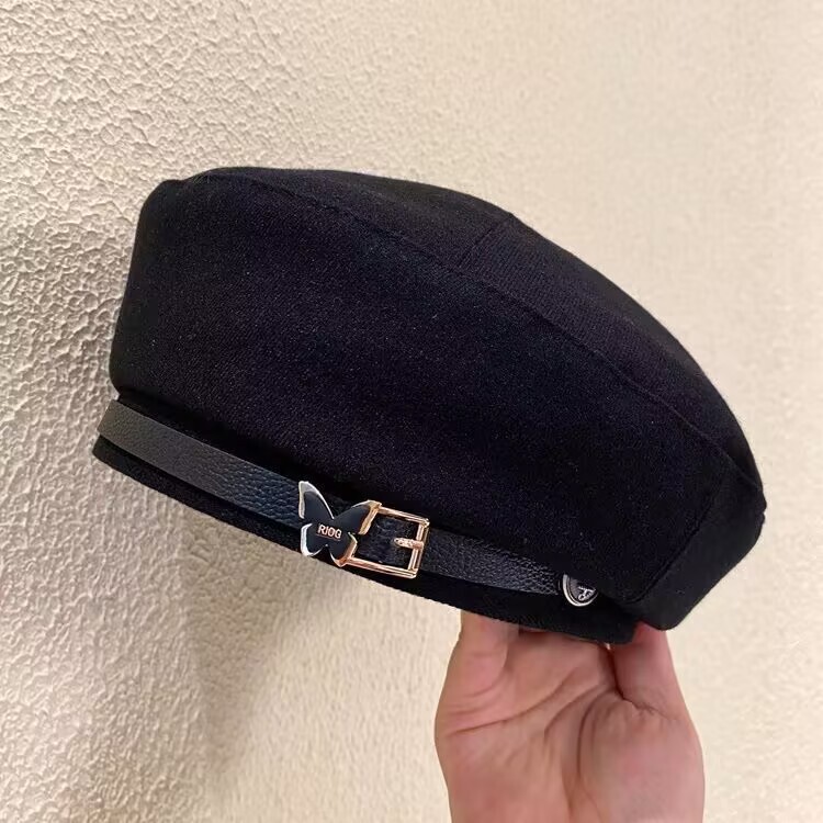 日本の秋冬栗団子〜甘くてクールでファッショナブルなメタルチェーンベレー帽フラットトップレトロ多用途黒八角形帽子|undefined