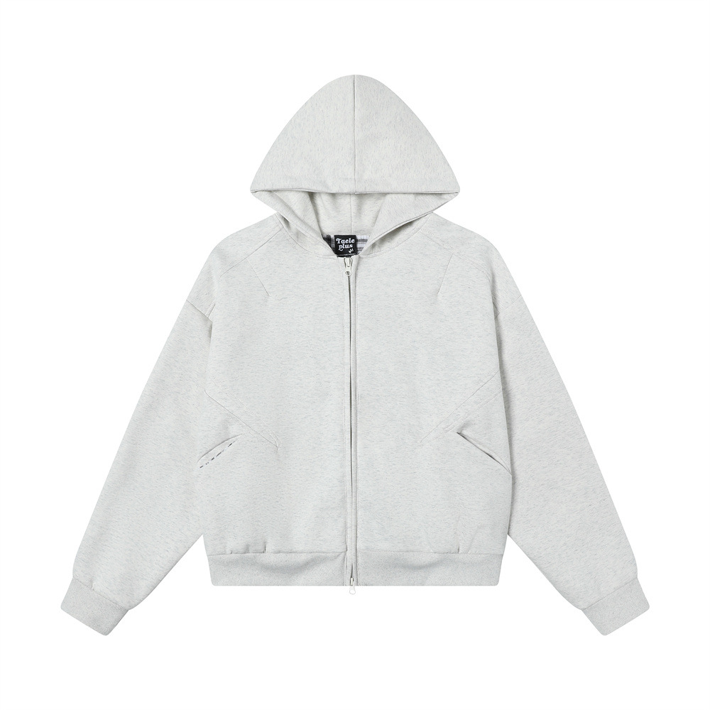 High Street Design Pocket Solid Color Loose Hooded Sweatshirt Lined Cardigan Men's Trendy Double Zipper Jacket Coat_voghion.com