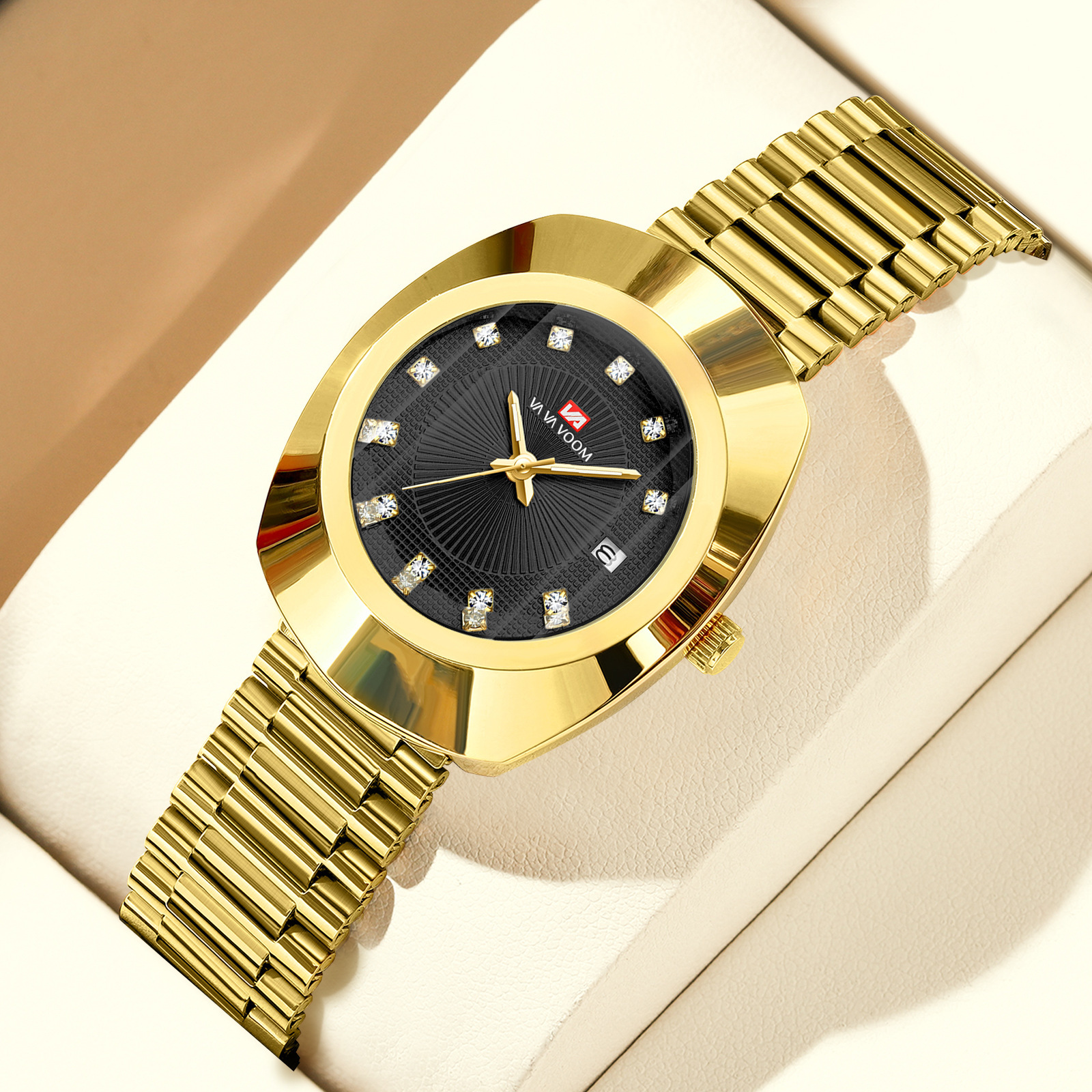 Cross-Border Vavavoom Brand Couple Quartz Watch Gold Diamond Waterproof Stainless Steel Belt Calendar Watch Guangdong Province