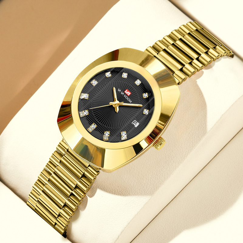 Cross-Border Vavavoom Brand Couple Quartz Watch Gold Diamond Waterproof Stainless Steel Belt Calendar Watch Guangdong Province