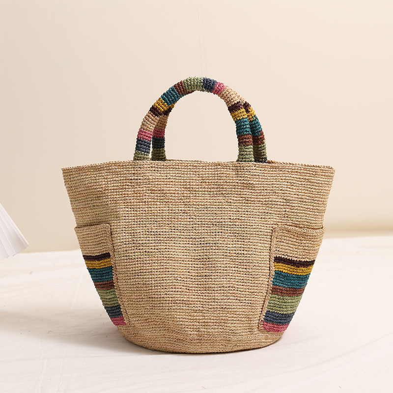 Luxury Raffia Hand-Woven Tote Bag - New Fashion Colorful Outer Pocket Woven Bag For Women, Beach Vacation Bag - Thumbnail 6