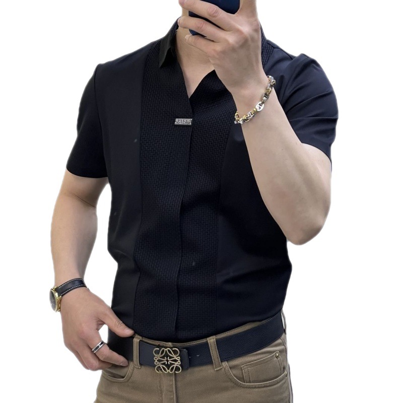 Verano nuevos hombres de alta calidad de lujo ligero de manga corta Camisa de negocios casual todo partido slim fit costura media manga camiseta