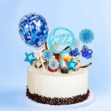 Синий золотой костюм с темой из розового золота, звезды, любовь, вставка для торта на день рождения, бумажный вентилятор, 5-дюймовый торт с воздушным шаром