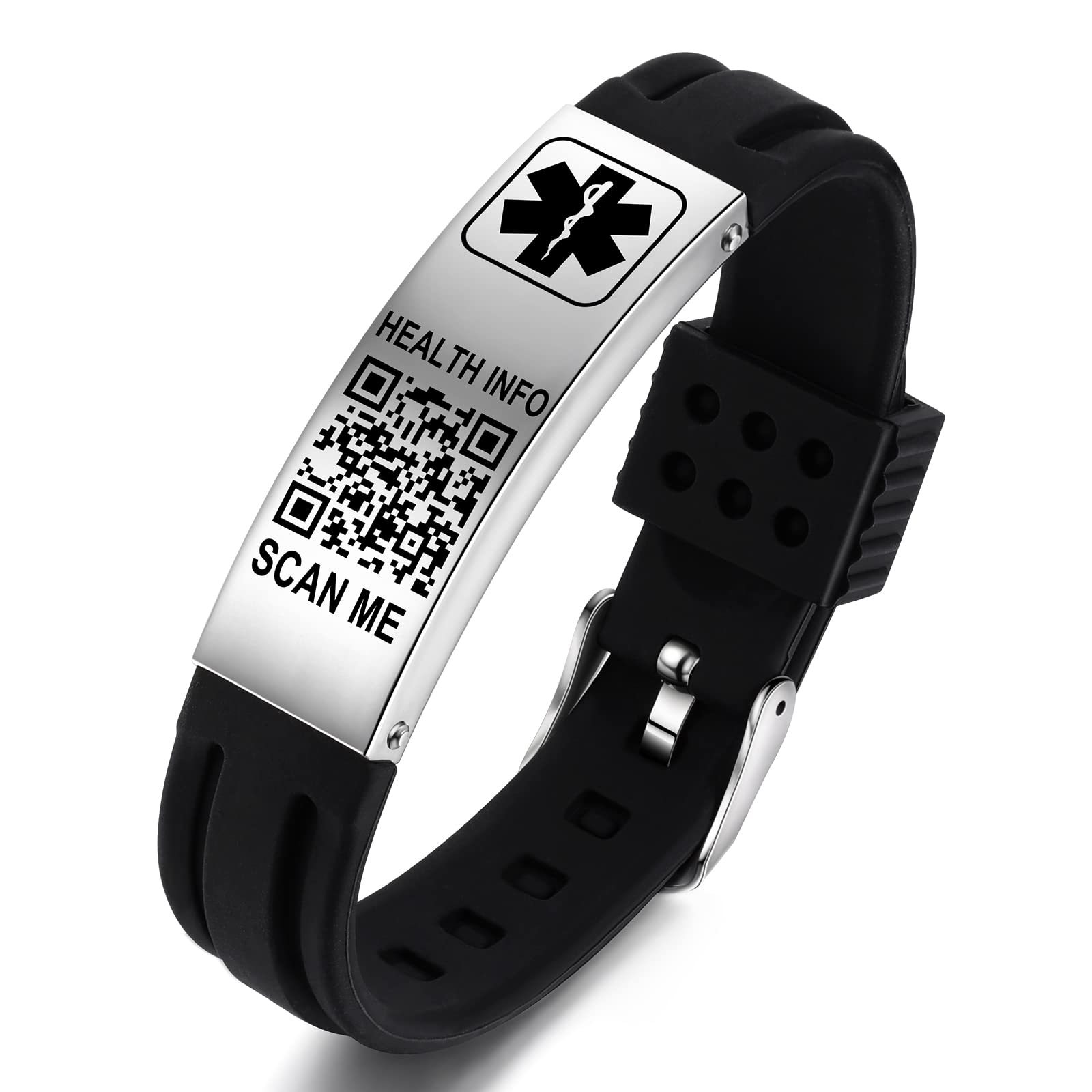 Steel Plate Engraved Bracelet Stainless Steel Plate Qr Code Silicone Strap Adjustable Bracelet Silicone Medical Engraved Bracelet
