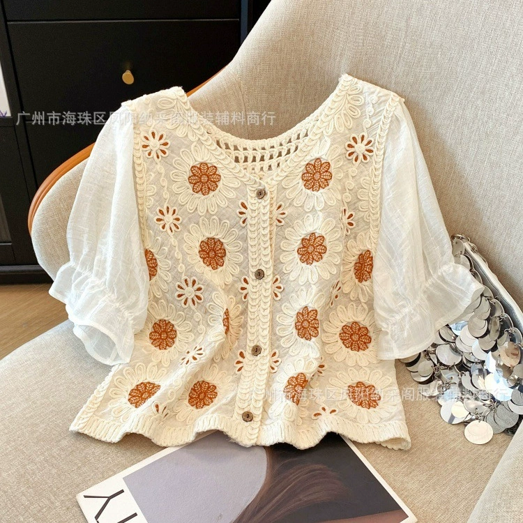 Женский кардиган из кружевного трикотажа с французской вышивкой, V-образным вырезом, летняя новинка 2025 года, короткий топ с ажурной вязкой.