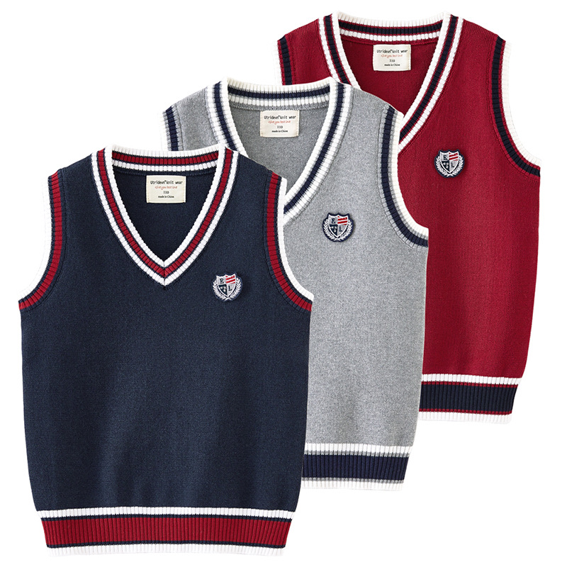 Estilo universitario contraste color suéter para niños suéter chico estudiante uniforme escolar medio y grande niñas chaleco de punto al por mayor