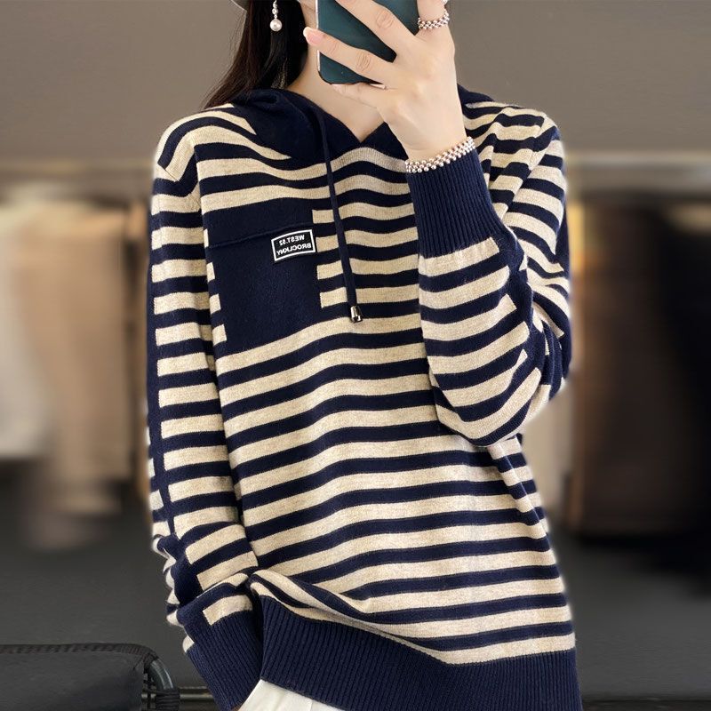 【Brand Selection】Women's Knitted Pullover Hooded Striped Sweater, Stylish Loose Fit Plus Size Base Layer for Spring
