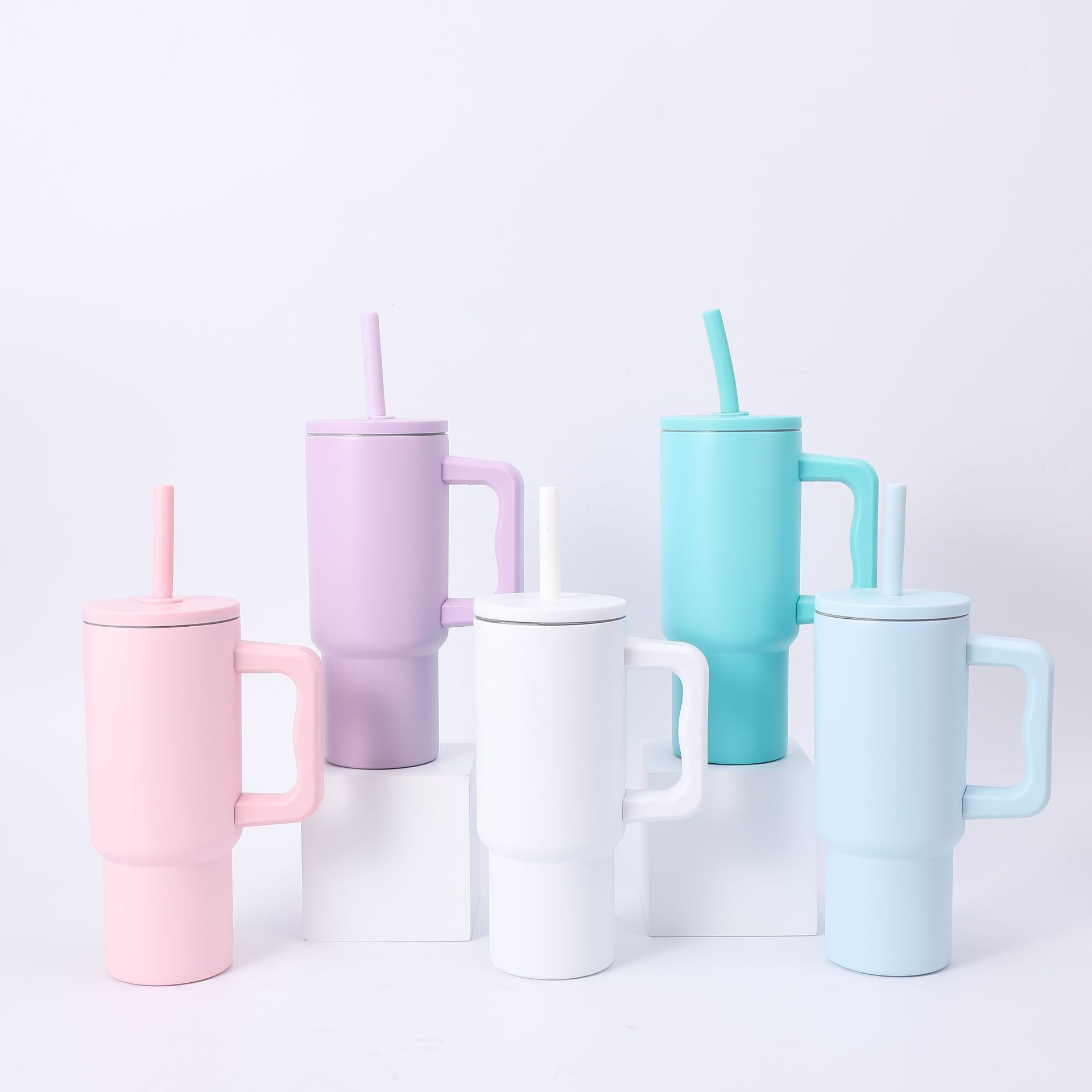 亚马逊热销不锈钢汽车杯便携带手柄车载保温杯简约时尚双饮吸管杯