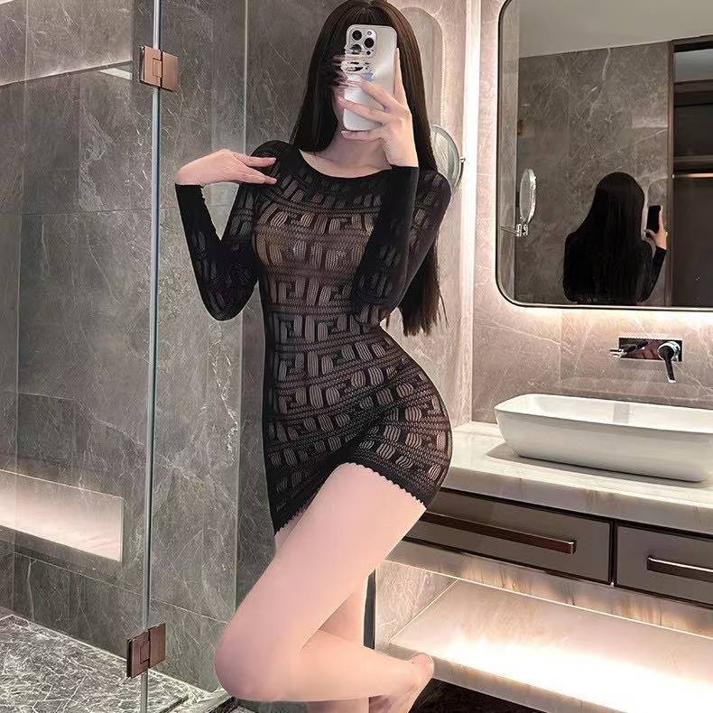 Hollow-Out Fishnet Bodysuit with Short Skirt, Long-Sleeved H-Shaped Black One Size — detail image 4