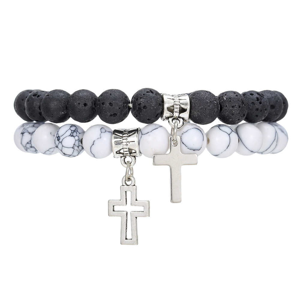 Elastic Couple Bracelet With Volcanic Stone And Astronaut Charm_voghion.com