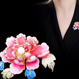 Fugui peony flower brooch women elegant enamel hand-painted pearl corsage dress cheongsam pin wholesale