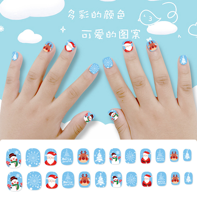 Nueva Navidad para niños pieza de uñas 24 piezas portátil pieza de uñas terminado ciervo muñeco de nieve parche falso clavo pieza de uñas