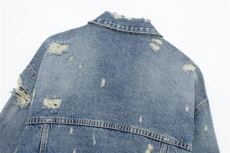 Retro Denim Jacket For Women Long Sleeved Collared Distressed Top_voghion.com