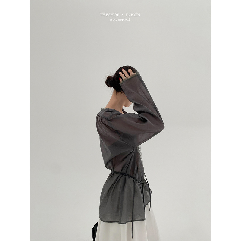 Yienou Inbyin Lace Ribbon See-Through Sun Protection Shirt Women's Long-Sleeved Top Layered Loose White Shirt