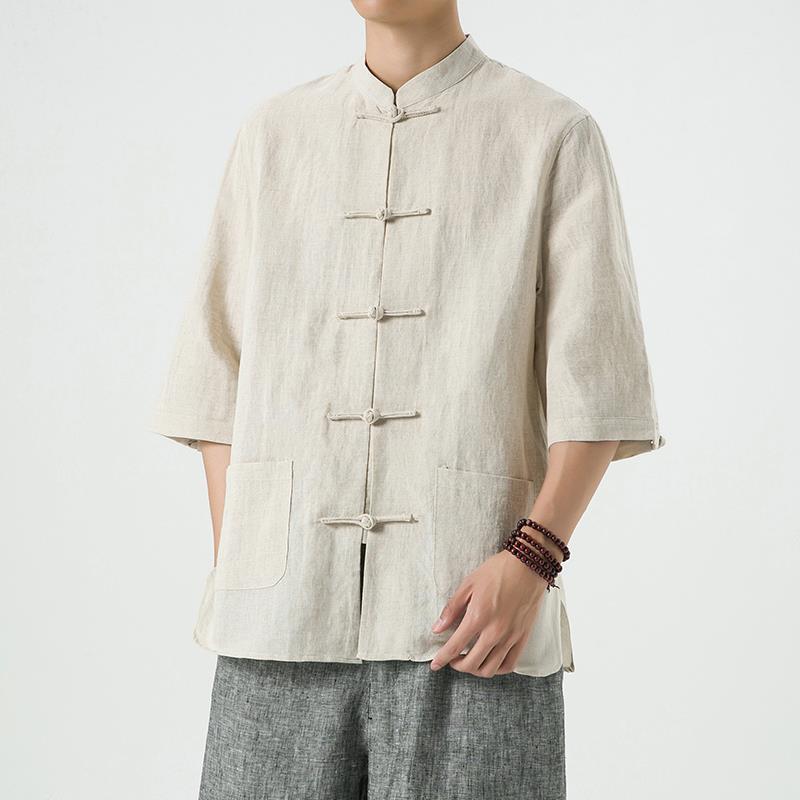 2023 Summer new Chinese style men's linen Tang suit short sleeve shirt retro cotton linen half sleeve fashion top
