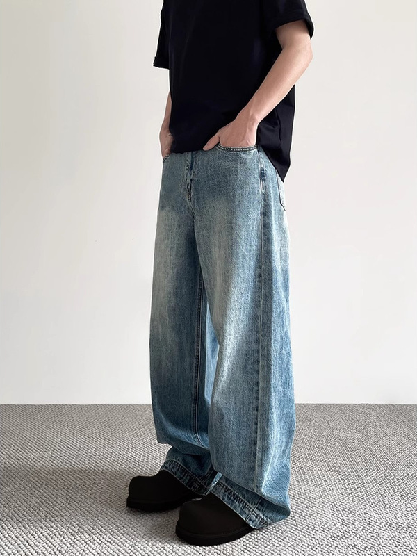 アメリカン クリーンフィット ダメージ加工 ブルー ジーンズ 男女兼用 夏 トレンド ブランド ハイストリート ストレート 万能 ワイドレッグ ロングパンツ|undefined