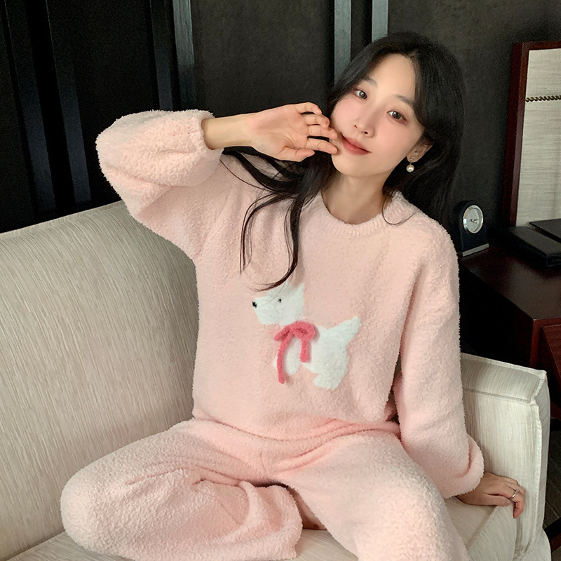 日系软绵绵家居服女秋冬新品柔软舒适毛线绒睡衣长袖卡通小狗套装