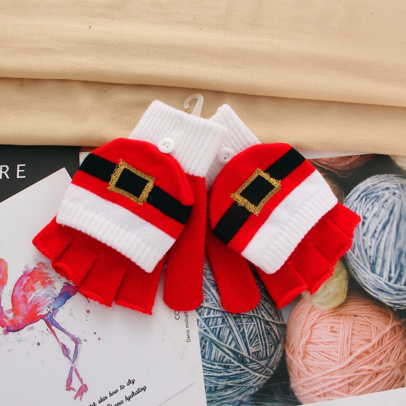 Christmas half finger clamshell Winter warm student handwriting men and women's thick warm cycling knitted gloves_maomaolike.com