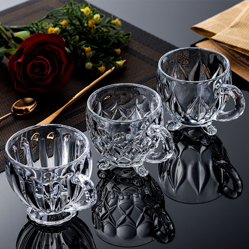 Juego de taza y platillo de café de cristal estilo europeo, transparente, creativo, de alta calidad, con asa, taza de té, taza de agua, taza de leche grabada, diseño simple.