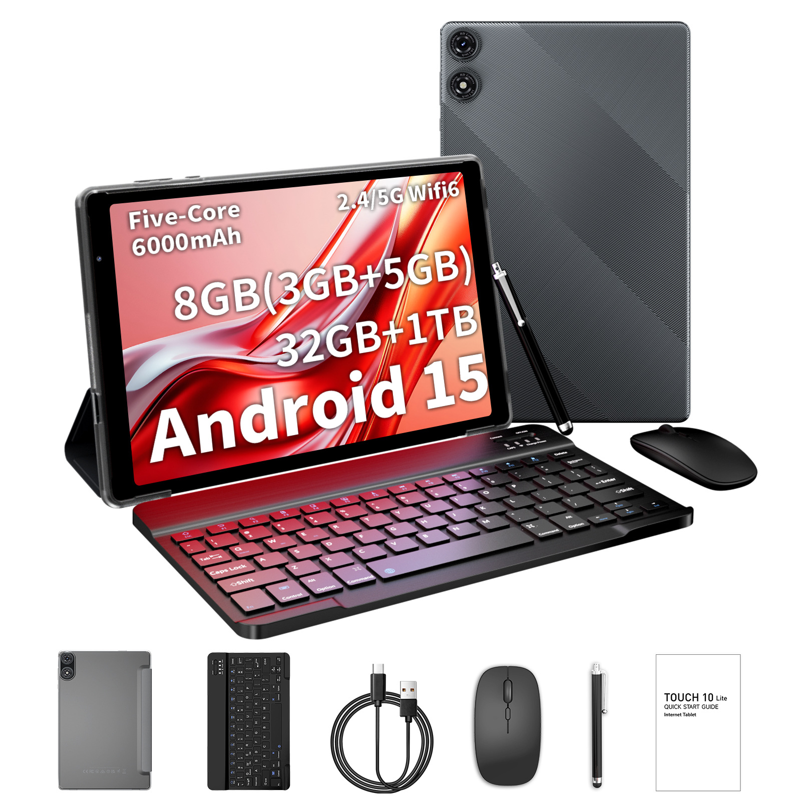 10.1inch Tablet Pc with Keyboard Set Android 15 5 Core + 5g Dual Frequency Wifi6 Tablet Pc