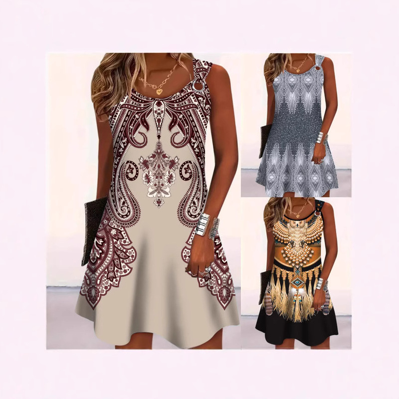 2025 European and American Spring and Summer Suspender Women's Dress Cross-Border Export Comfortable Wear Western Ethnic Group Pattern 3D Digital