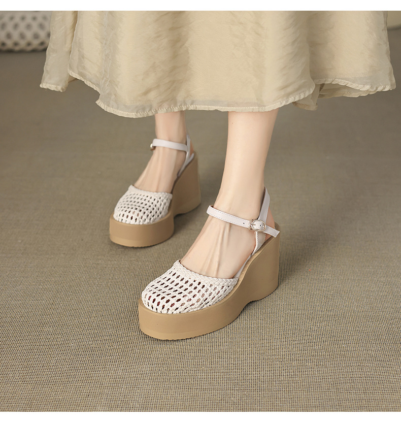 Sandal nữ da thật bít mũi đế xuồng cao gót 9 cm phong cách La Mã đan lưới — màu đen, màu trắng ngà chi tiết 10
