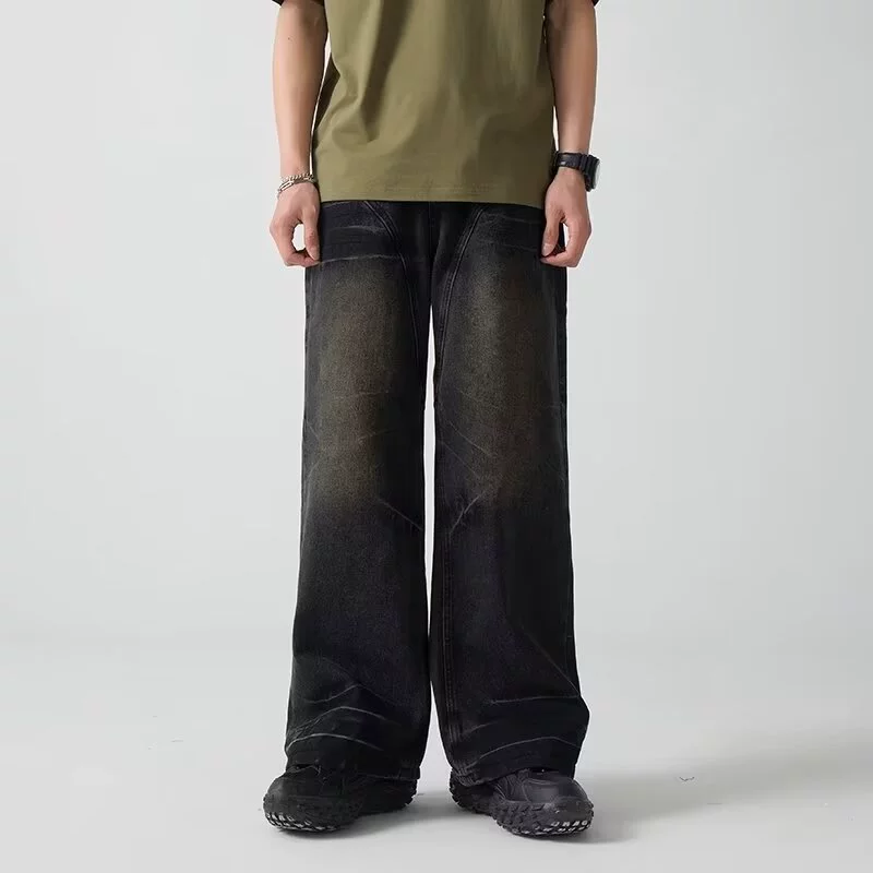 Американские высокие улицы нишевые дизайнерские ощущения высокого класса сплайсинговые джинсы свободные прямые мужские осенние и зимние широкие брюки