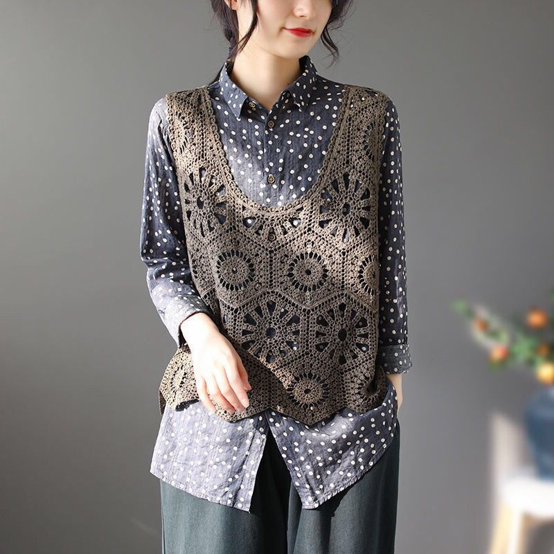 2025 New Style Retro Cut Out Cotton Knitted Vest for Women, Loose and Slim Crocheted Vest Top