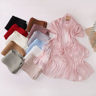 Cross-Border Live Broadcast of New Solid Color Island Silk Smooth Crepe Long Scarf Bright Silk Hui Gauze Scarf Middle East Malaysia Headscarf