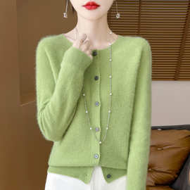 桂花针纯羊毛开衫女圆领一线无缝毛衣秋冬外套宽松外搭长袖针织衫