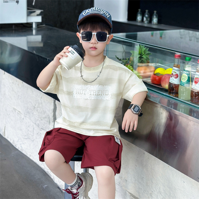 7343 traje de verano para niños ropa coreana de manga corta 2025 nuevos niños verano delgado camiseta de dos piezas verano