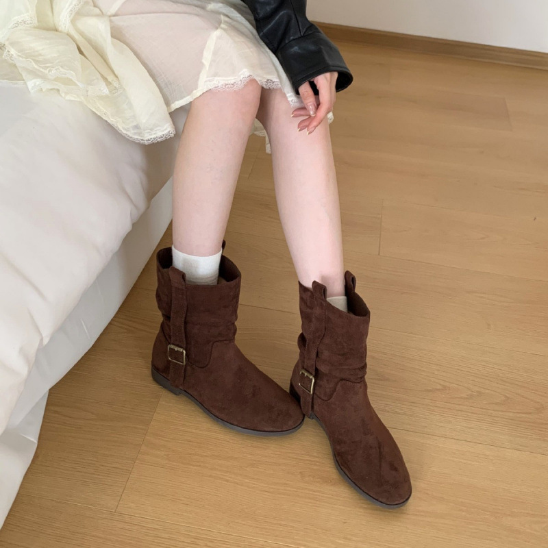 褶皱堆堆靴子女2025新款韩版小众美拉德长筒靴西部牛仔靴骑士靴|undefined