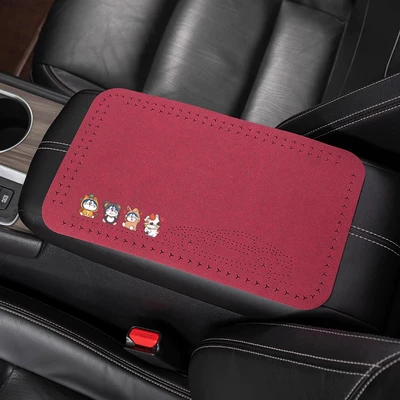 Car armrest box pad car — Armrest box pad - suede-armrest-pad-four-jingle-cats-wine-red