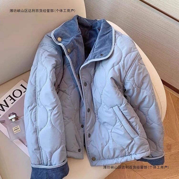 设计感蓝色灯芯绒保暖棉服女2025冬季新款韩版休闲小个子夹棉外套