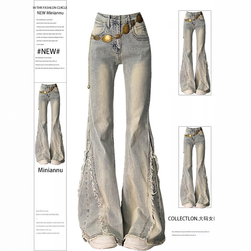 Plus Size Women's Raw Edge Design Washed Distressed Jeans for Fat mm High Street Sexy Women's Pants Student Bell Bottoms