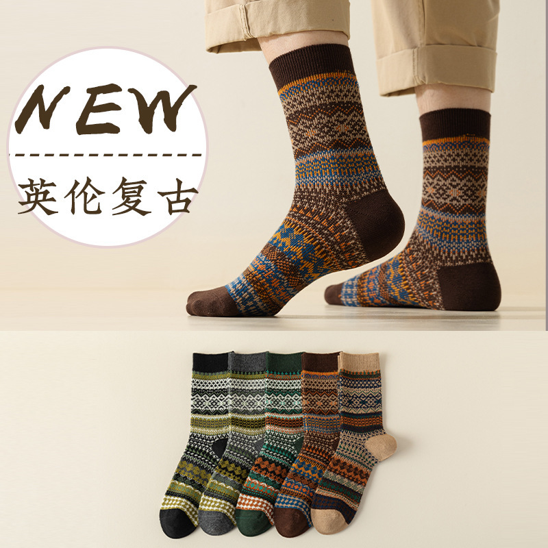 Men's Socks Double-Needle Double-Layer Mid-Calf Socks Autumn and Winter Cotton Socks Ethnic Style Socks Retro American Style Trendy Socks Short Boot Floral Socks
