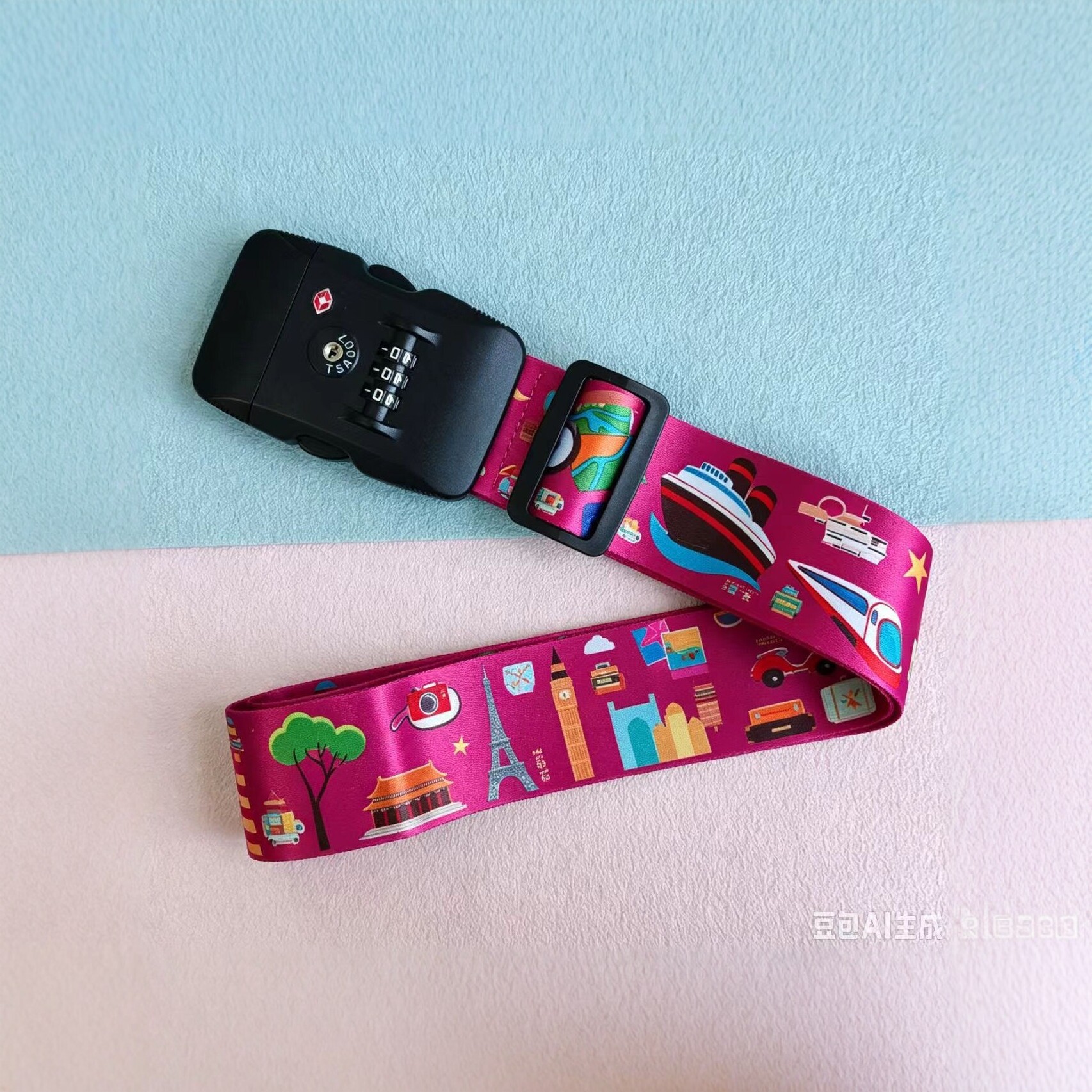 Colorful polyester luggage strap with TSA code lock, printed reinforced anti-loss packing strap for travel luggage