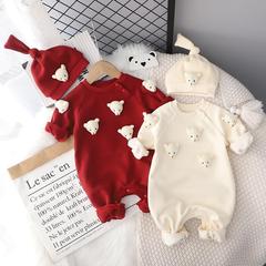 新生婴儿冬季连体衣红色拜年服男女宝宝满月棉拜年衣服百天秋冬