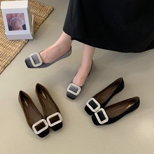法式水钻方扣单鞋女2025秋冬新款方头绒面气质通勤工作鞋豆豆飘鞋