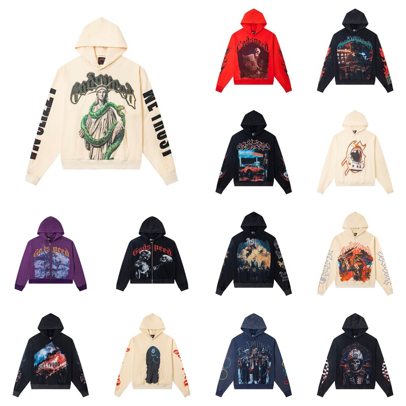Godspeed American Retro Skull Print Hooded Sweatshirt Heavy Wash Loose High Street Couple Hoodie Jacket